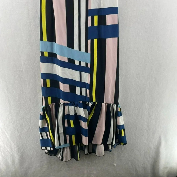 Prettylittlething Midi Dress Sz 6 Black Pink Yellow Striped V-Neck Ruffle Hem - Picture 8 of 10